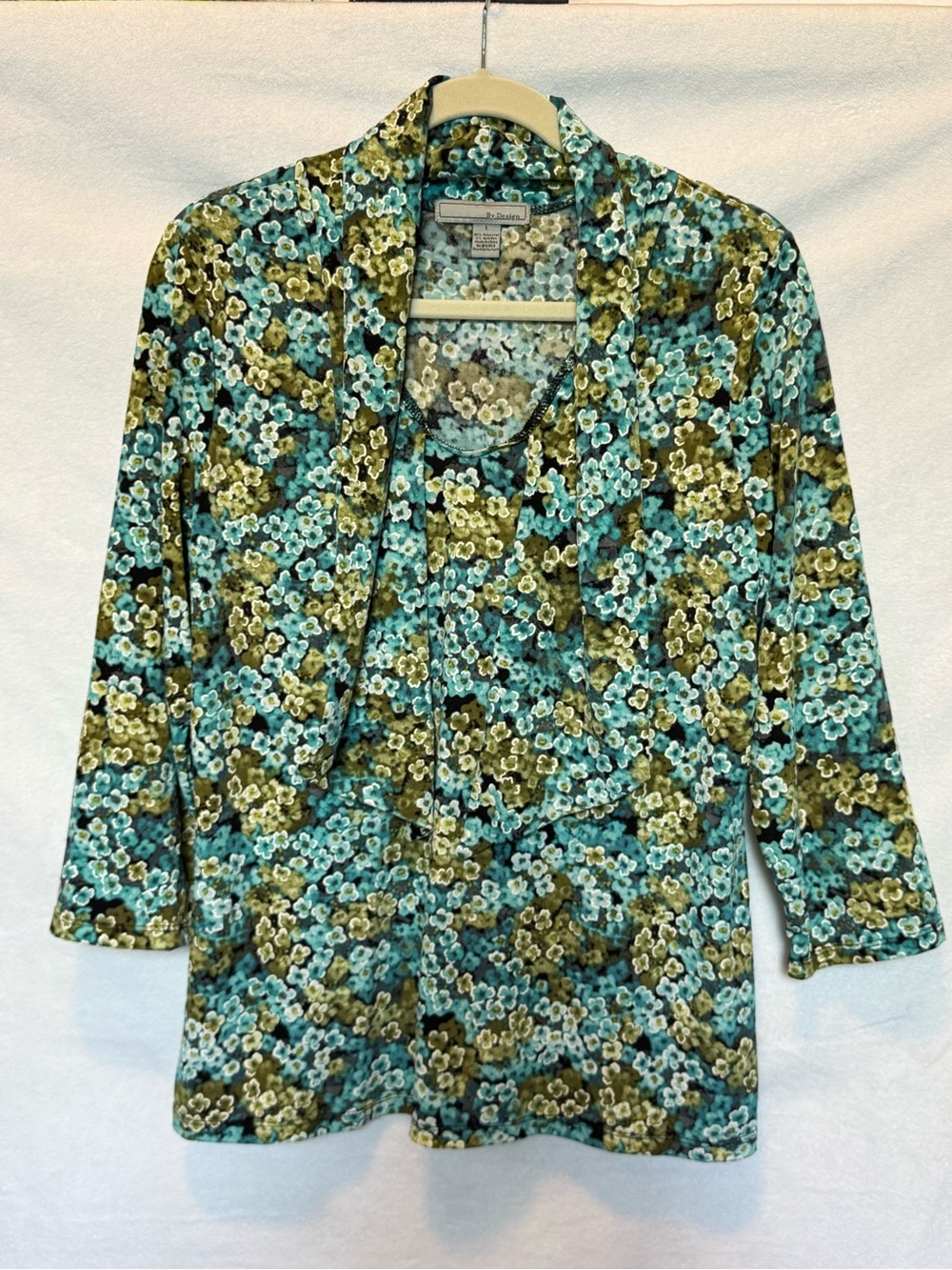 By Design Blouse Floral Long Sleeve Teal Large Faux Twin Set Pullover Grannycore